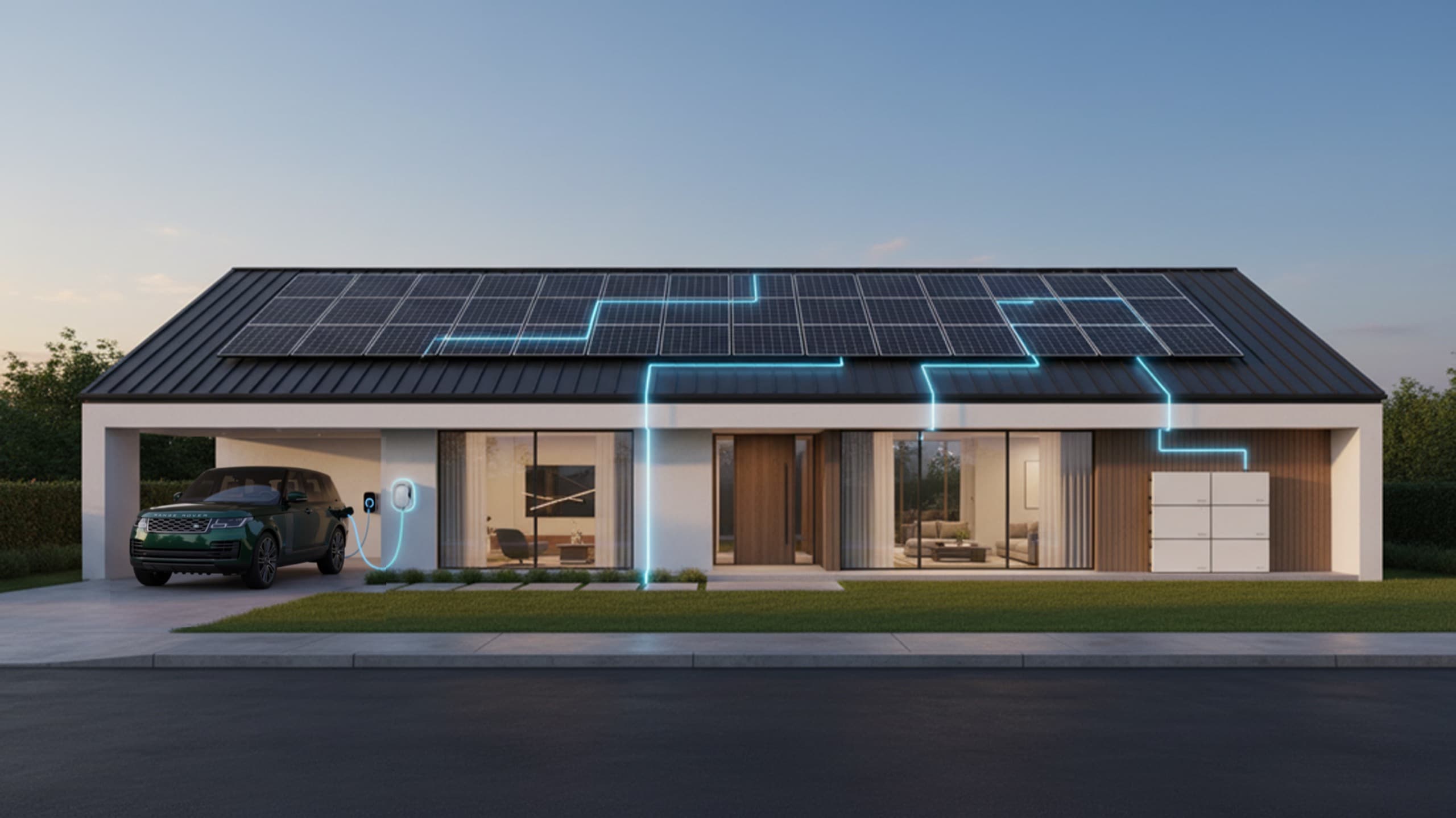 Maison résidentielle équipée en autoconsommation : panneaux photovoltaïques en toiture, batterie de stockage et borne de recharge pour véhicule électrique